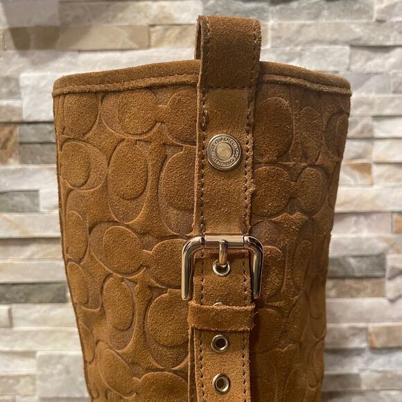 Coach Tulip Tullip Boots 8.5 | Honey Tan Suede Leather Fur, Signature C Embossed - Picture 3 of 11